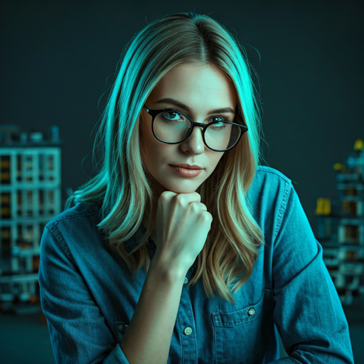 Stylish female builder with cyan studio lighting focused on her face, dark background with blurred LEGO architecture sets