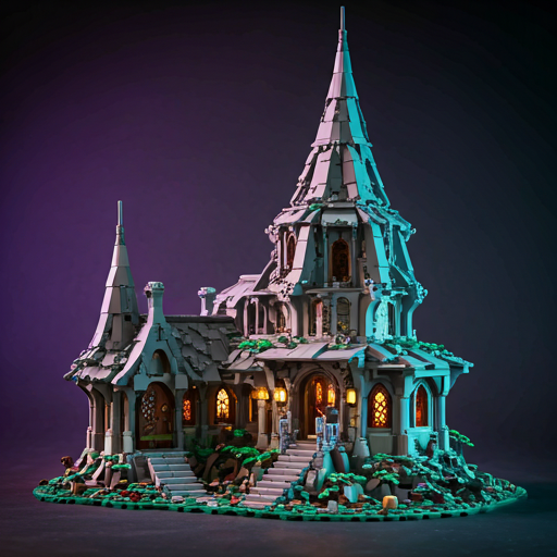 Cinematic close-up of a massive Lord of the Rings Rivendell LEGO build with dramatic purple and teal studio lighting