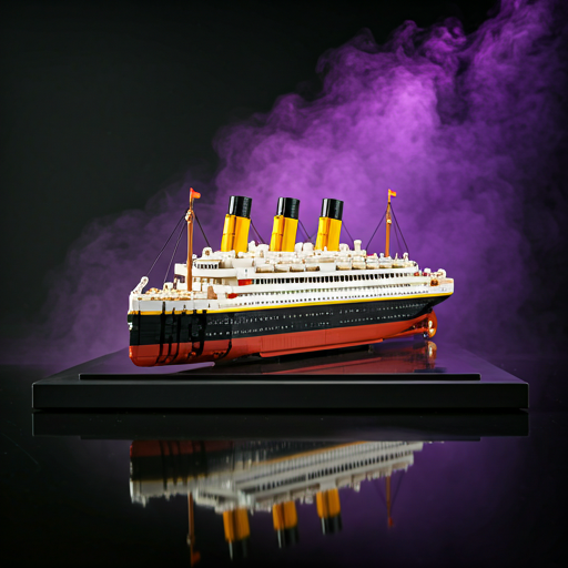 Ultra-modern LEGO Titanic display on a glossy black platform with soft atmospheric violet haze and spotlighting