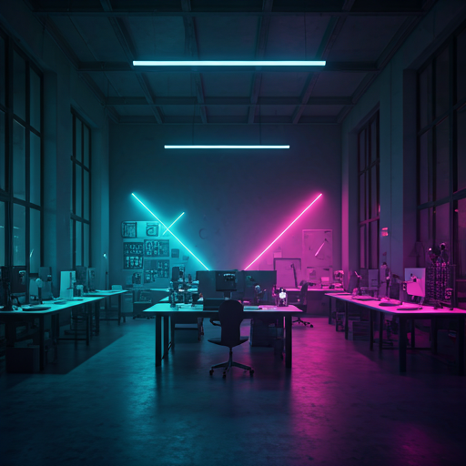 Cinematic wide shot of a high-tech creative studio with neon violet and cyan ambient lighting and modular art pieces on desks