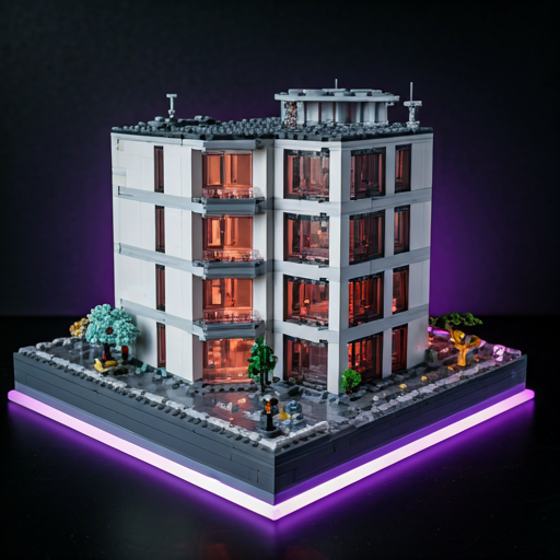 High-end studio photography of a detailed LEGO architectural model on a glowing purple desk with cinematic lens flare