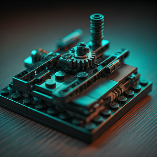 Cinematic macro shot of complex technical LEGO parts and gears with shallow depth of field and neon cyan rim lighting