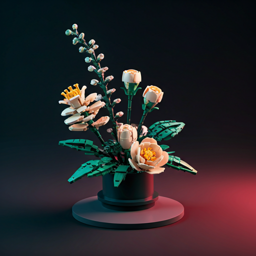 Minimalist shot of a LEGO botanical flower arrangement against an obsidian background with soft pink ambient light