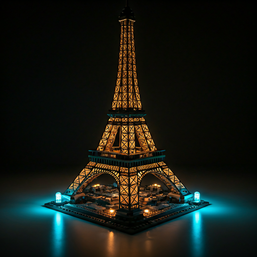 Close-up of LEGO architecture series Eiffel Tower at night with warm interior light and cold exterior cyan lighting