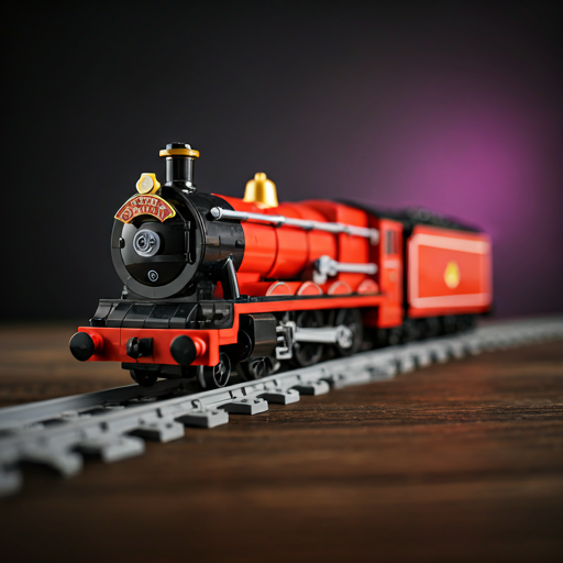 Macro photo of a LEGO Hogwarts Express train on a dark surface with vibrant pink neon light bleed from the side