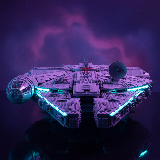 High-end studio shot of a LEGO Star Wars Millennium Falcon with deep shadows and sharp blue rim lighting