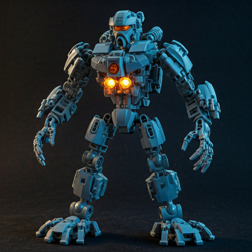 A futuristic LEGO robot build with glowing orange internal lights and cold blue metal surfaces