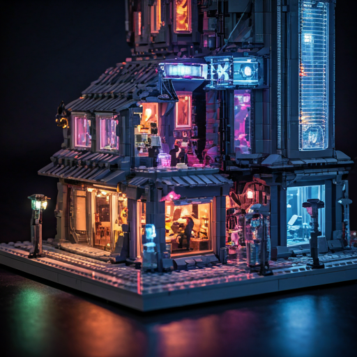 Intricate macro shot of a complex LEGO model of a futuristic neon city with glowing LED lights