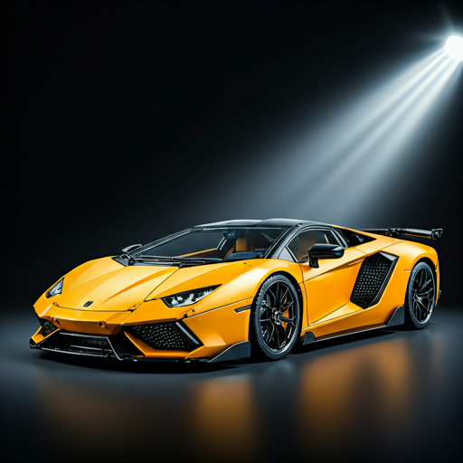 Close-up of a meticulously crafted brick model of a luxury sports car with dramatic studio spotlighting
